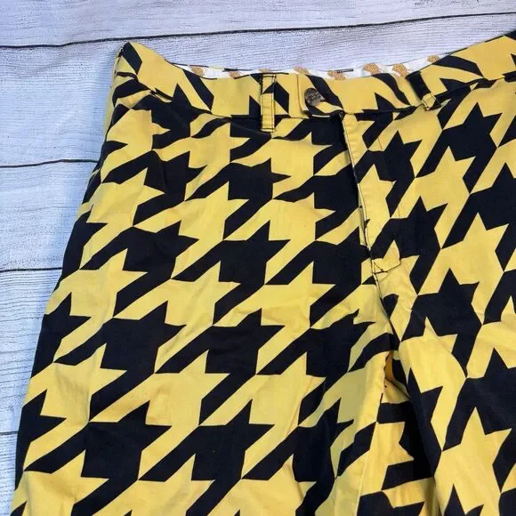 Loudmouth Shorts Mens 38 Black Yellow Flat Front Shorts Houndstooth Golf Sports - Picture 2 of 6